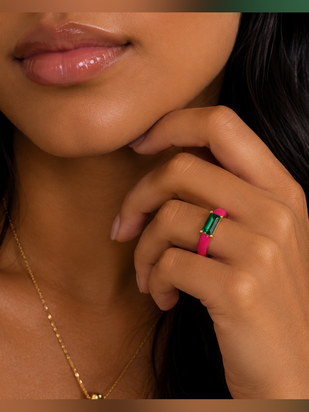 💗 Pink & Green Y2K Candy Ring | Emerald Glass Stone | Adjustable